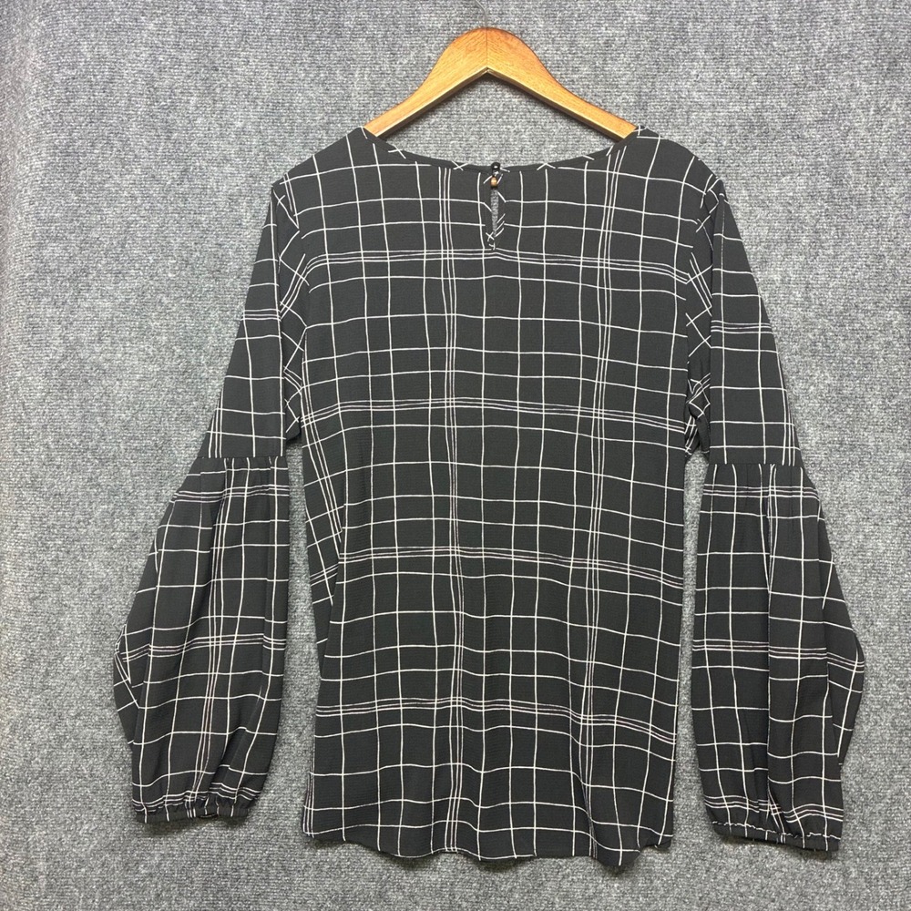 Apt 9 Windowpane Plaid‎ Blouse Women XL Black White Tiered Bell Sleeve Top